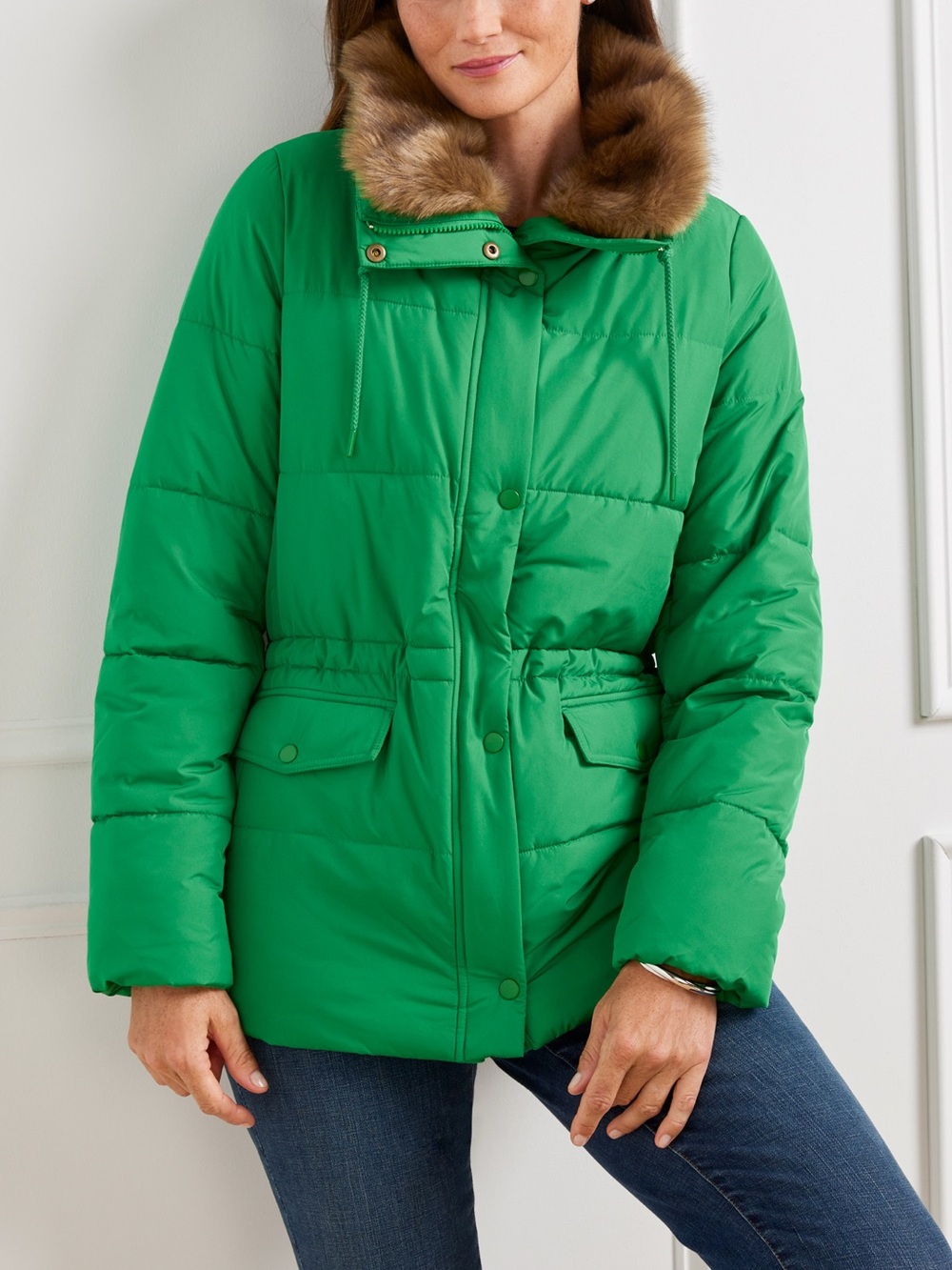 Talbots Green Faux Fur Collar Puffer Coat